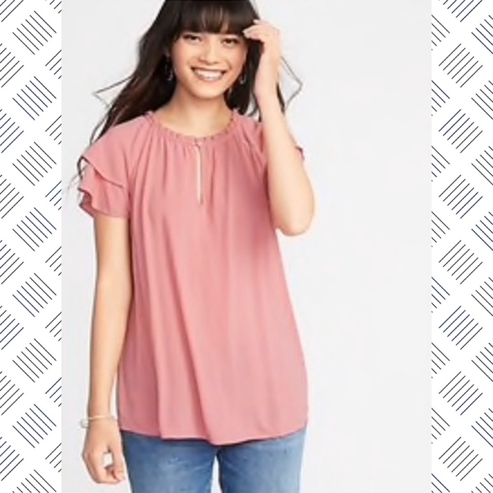 NWOT high-neck ruffle-trim crepe top